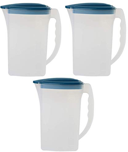 Engelland - 3 x Getränkekrug mit Deckel, Blau-Transparent, für Saft, Wasser, Eistee, Softdrinks, Kanne, Behälter, Kühlschrankkrug, Multifunktionsbox, 2 Liter, Füllskala, BPA-frei, Kunststoff