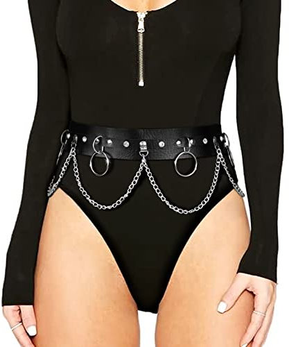 LEACOOLKEY Frauen Punk Taillenkette Gürtel Schwarz, verstellbare Körperkette Gothic Bauch Taillengürtel Rock PU Leder geschichteter Gürtel für Mädchen Kleid Halloween Kostüm