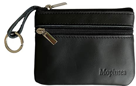 Moplusea Genuine Leather Small Coin Purse Wallet With Keychain Mini Change Purse Coin Pouch Holder For Men (GLCB010 Black)