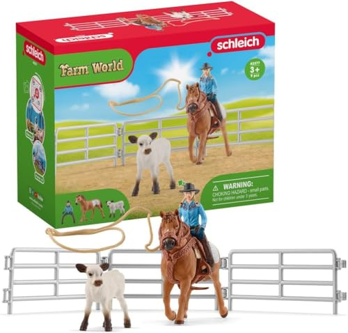 Schleich Farm World | Team Roping mit Cowgirl 42577 | 9 Teile | Spielset ab 3 Jahren | Set mit Figuren, vielen Funktionen und zahlreichem Zubehör | schleich Bauernhof Spielfigur
