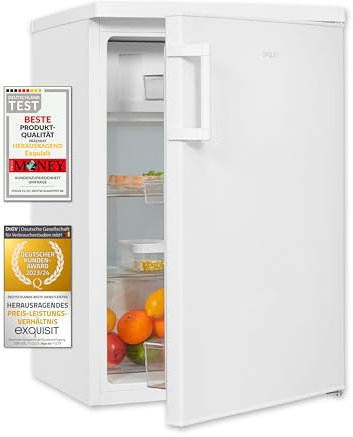 Exquisit® Frigorífico Table Top, 120L, Clase E, Color Blanco, Estantes de Cristal, Puerta Reversible, Cajón Verdulero, Regulación en Altura, Consumo 137 kWh/año, Medidas 85x56x57,5 Cm.