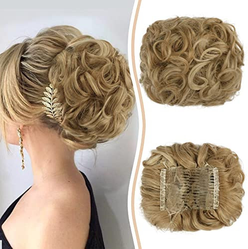 Sofeiyan Combs Haarverlängerung Dutt Haarteil Messy Bun Haarteile Pferdeschwanz Gelockt Unordentlicher Haarknoten Pferdeschwanz für Frauen Helles Aschbraun & Bleichblond