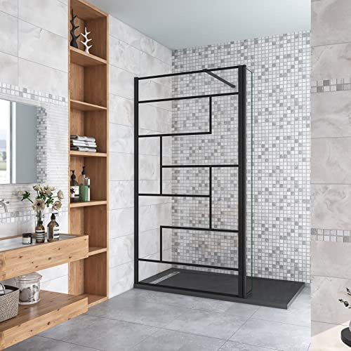 AICA Paroi de douche noire 70+40x200cm style modèle en verre trempé avec un retour pivotant 40cm et une barre de fixation en 140cm
