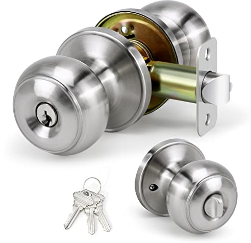 LOQRON Keyed Entry Door Knob for Entrance, Front Doorknob with Lock and Key for Exterior & Interior Right and Left Side Bedroom, Living Room, Satin Nickel,1 Pack
