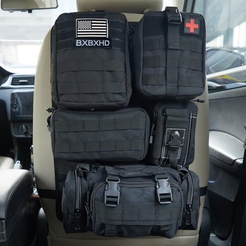 BXBXHD Universal Taktische Autositz-Rückenlehne-Organizer-Tasche Taktische Molle-Fahrzeug-Organizer Panel Fahrzeugschutz Organizer mit 5 abnehmbaren Taschen für Auto, LKW, Jeep, Fahrzeug (schwarz)