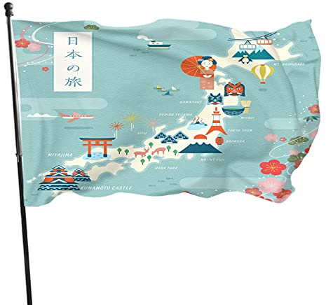 Japón Mapa de viaje Bandera de jardín 3x5 FT Punto de referencia y símbolo tradicional con diseño de marco de flor de cerezo Banderas de poliéster Patio Casa Patio Césped Interior Exterior Saludo Ba