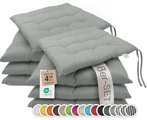 ZOLLNER 8er Set Sitzkissen in 40x40cm - gemütliche Stuhlkissen mit Bindebänder - waschbar bis 30°C - in grau - Oeko Tex® Zertifiziert