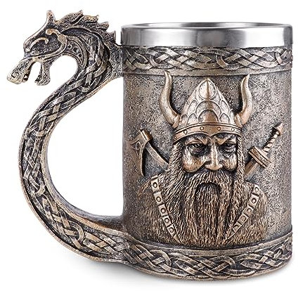 JUMRHFAN Viking Tankard 600 Ml Beer Mug with Handles Stainless Steel Mug Viking Gifts for Men Suitable for Party,Birthday, Father‘Day and Festivals (Style-1)
