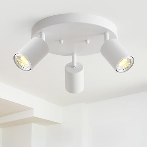 EGM 3 Light Track Lighting, White Round Track Lighting Fixtures, GU10 Flush Mount Directional Ceiling Light for Kitchen, Bedroom, Office, Picture Wall