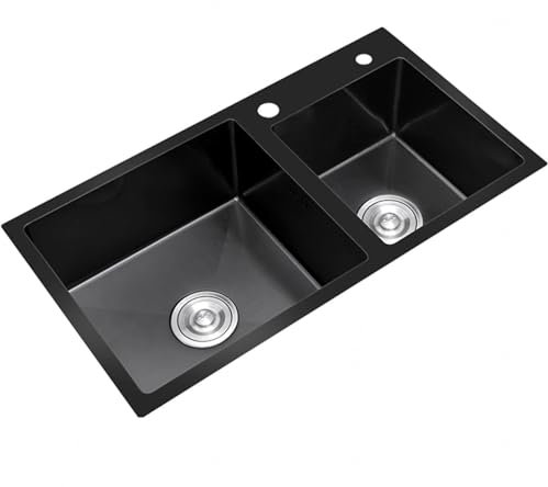 DECORN Spülbecken - Schwarzes Nano-Waschbecken aus Edelstahl - Doppelbeckenspüle mit Siebverschluss und Abflussrohr-Set – Aufsatz- oder Einbauwaschbecken,78x43cm