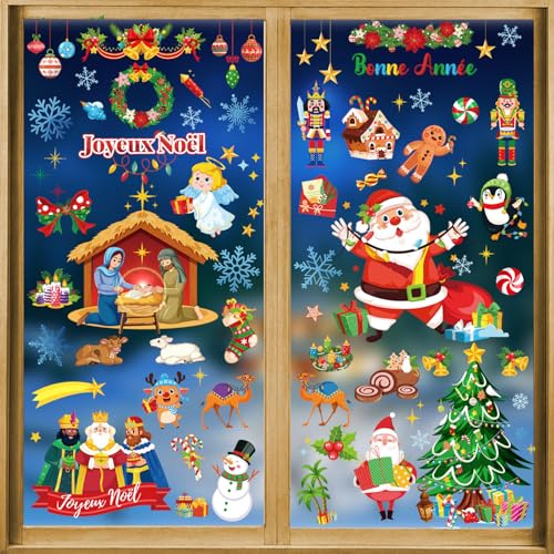DPKOW Français Joyeux Noël Fenêtre Autocollants Décorations, 9 Feuilles Crèches de Noël Stickers Vitre Décorations Noel Personnage Autocollants Fenêtre Porte Nouvel an