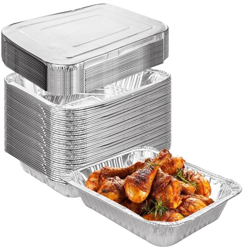 YOUNTHYE 30 bandejas de aluminio de 32 x 26 x 7 cm, bandejas grandes de aluminio para hornear, bandejas grandes para asar con tapas, recipientes de aluminio de 3500 ml para barbacoa, cocinar, asar y