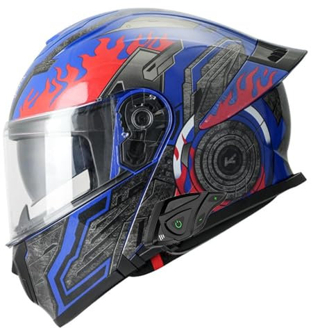 Klapphelm mit Bluetooth Doppelvisier Modularer Helm Mit Gesichtsmaske Geliefert ECE Zertifiziert Motorradhelm Abnehmbares Futter mit Eingebautem Mikrofon für Automatische Reaktion 12,2XL=63-64CM