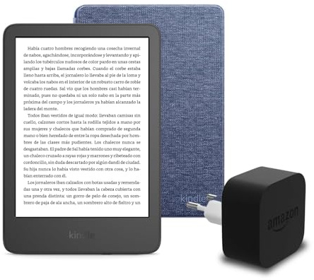 Den neuen Kindle (2024 Release) 16 GB mit Werbung, eine Amazon-Stoffhülle und ein Amazon Powerfast 9-W-Netzteil.