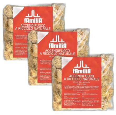 Accendifuoco a Ricciolo Naturale FAMILIA Forni per Pizzeria, Lana di Legno e Cera Naturale, Ecologico Inodore, 20pz(3, Accendifuoco a Ricciolo)