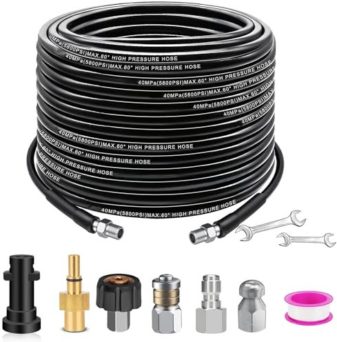 Geichan 30M/100FT High Pressure Drain Hose, Sewer Jetter Kit Pressure Washer Drain Pipe Hose Cleaning Kit Come with Adapters for Karcher K2-K7 Series,Bosch,LAVOR Household Use Pressure Washer