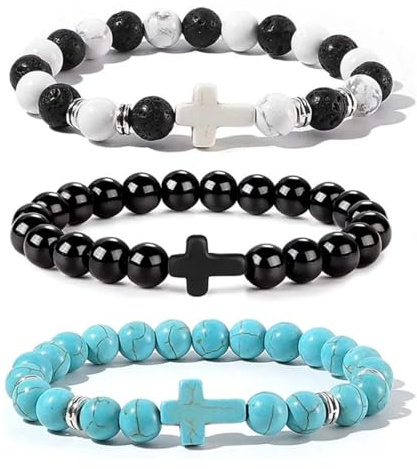 UYVPAER 3 Stück Armband mit Kreuzperlen, christliches elastisches Armband, verstellbar, mit Jesuskreuz, für Frauen und Männer, Schmuck, Geschenk, 19 cm, elastisch