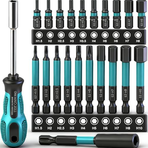 22PCS Impact Drill Allen Key Bit Set 25mm+60mm Long, Hex Bit Set H1.5-H10 Metric Impact Screwdriver Driver Bits,1/4 Hex-Shank S2 Steel with Magnetic Bit Holder&196mm Handle Screwdriver