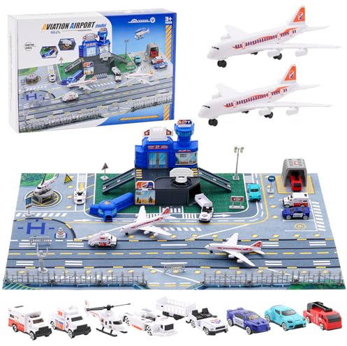 Set di Giocattoli Aerei per Bambini con Terminal, la Torre Radar e 9 Veicoli: Carrelli per Bagagli, Auto Polizia, Aereo Passeggeri, Barriera Stradale e Personale a Terra Ragazzo Ragazze Regalo 3+