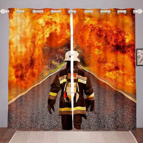 Tizhweqo Vorhänge Feuerwehrmann, Thema Feuerwehr Blickdicht Gardinen Vorhang Feuerwehrmann Verdunklungsvorhänge mit Ösen Wohnzimmer Schlafzimmer 2 Stück 117x230 cm (BxH) B/C3384