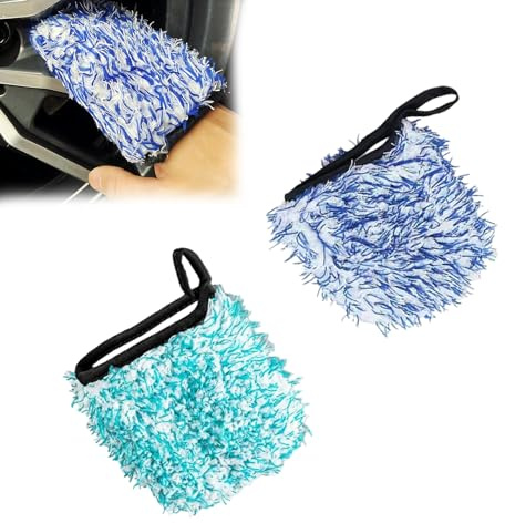 EujRcf 2 Pack Microfibre Wash Mitt for Car Washing, Plush Microfibre Wheel Mitt, Anti Scratch Cleaning Gloves for Daily Car Maintenance and Wheel Cleaning (Green White and Blue)