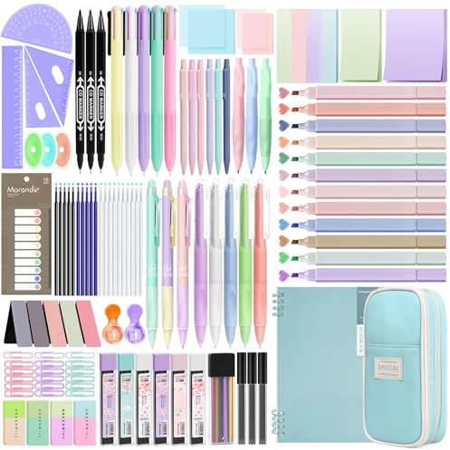 Focxoio 146PCS Aesthetic Stationery Supplies with Pen Case & Notebook,12 Pastel Highlighters,3 Erasable Pens,5 Multicolor Pen,5 Gel Pen,9 Mechanical Pencil Stationery Set for Students School Supplies