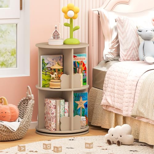 RELAX4LIFE Libreria Scaffale Girevole per Bambini, Porta Libri Rotante a 2 Livelli, Libreria in Legno per Soggiorno, Camera da Letto e Studio, 40 x 40 x 65 cm (Orso, Naturale)