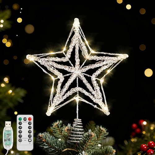 Lewondr Weihnachtsbaumspitze Stern, 11,42 Glitzernde Epoxid Stern Christbaumspitze mit 20 LED Birnen, 6 Std. Timer & 8 Modi USB Fernbedienung, Baumspitze Weihnachtsdeko für Innen Feiertag, Silber