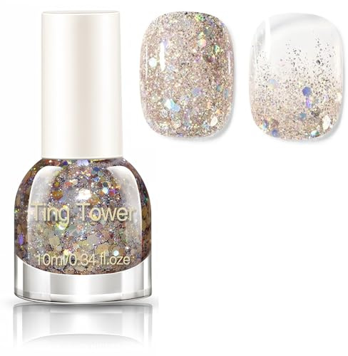 Glitter Nail Polish,Gold Glitter Nail Varnish,Diamond Sparkling Quick Dry Nail Varnish,Flash Shinny Long Lasting Gold Nail Polish - No Need Baking & Easy to Apply Polish for Women