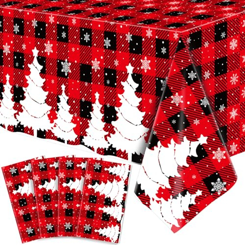 4 Packung Weihnachten Tischdecke Weihnachten Karierte Tischdecke Xmas Buffalo Plaid Party Xmas Party Dekoration mit Weihnachtsbaum und Schneeflocke 130x220cm