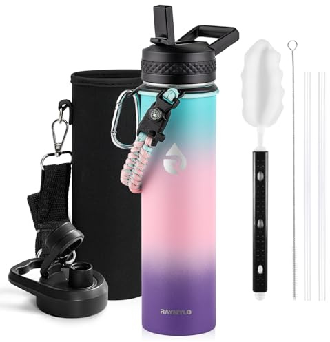 RAYMYLO 710ml Insulated Water Bottle, Triple Wall Vacuum Stainless Steel | Cold for 24 Hrs, Hot for 12 Hrs,Leak Proof Metal Water Flask Jug with Straw & Spout Lids for Sports and Travel, BPA-Free