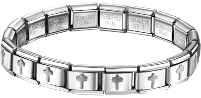 JewelryWe Bracelet Italien à Maillons avec Croix : Charms Bracelet à Breloques en Acier Inoxydable pour Femme et Homme - Cadeau Religieux Élégant pour Noël, Saint-Valentin ou Anniversaire