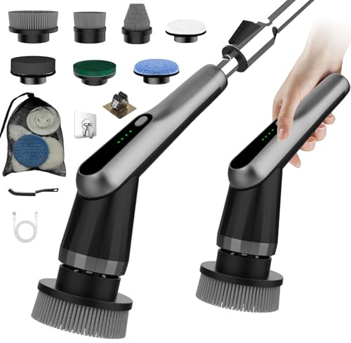 WKY-Electric Spin Scrubber - Upgraded 12-in-1 IPX7 Waterproof Shower Scrubber, Retractable Handle & 2-Speed for Toilet, Bathroom, Bathtub, Tile Floors