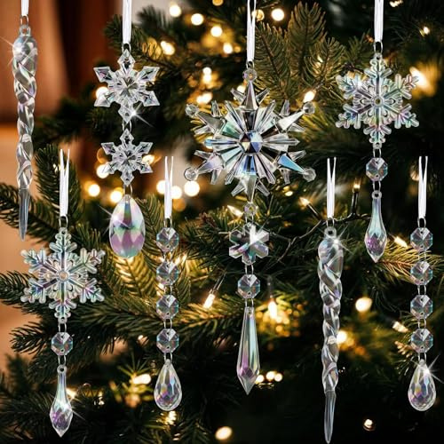16 Stück Kristall Ornament Christbaumschmuck, Acryl Schneeflocke Eiszapfen Tropfen Weihnachten Baumschmuck, Weihnachtsbaum Hängende Schneeflocken Anhänger für Weihnachten Party Hochzeit Winterdeko