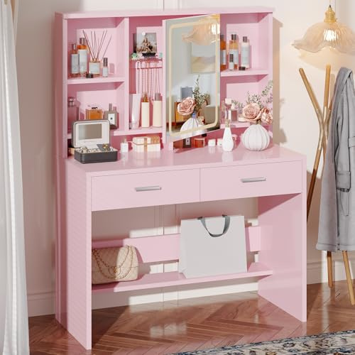 JUMMICO Tavolo Da Toilette Con Illuminazione LED, Specchio E Ganci Per Gioielli. Luminosità Regolabile In 3 Colori. 2 Cassetti E 4 Ripiani Aperti. Ideale Per Camera Da Letto,Rosa