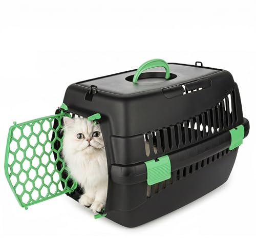 Happet Katzentransportbox Teddy M Grün 56x37x37 cm – Stilvolle Katzen Transportbox aus Kunststoff mit Belüftung & sicherer Tür, komfortable Tiertransportbox für Katzen, kleine Hunde & Kleintiere
