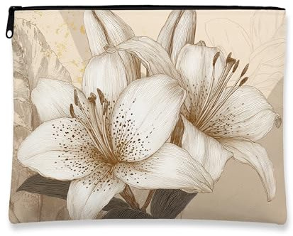 Vintage Floral Makeup Bag, Elegant Lily Cosmetic Travel Pouch for Women, Portable Canvas Zipper Organizer, Spring Skincare Toiletry Storage, White, 7x9 Inch, Lily