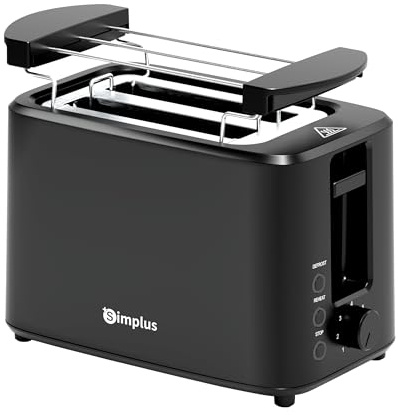 SIMPLUS Toaster 2 Toastschlitze, 7 Bräunungsstufen, Auftau- & Aufwärmfunktion, Brötchenaufsatz, extra breite Schlitze, Abschaltautomatik, Krümelschublade, 700W
