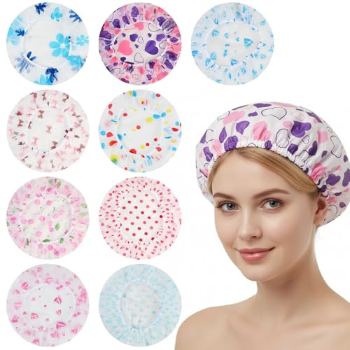 9 Duschhaube,Wasserdichte Duschhauben Damen, Wiederverwendbare Duschkappe für Mädchen Frauen Kosmetik Zuhause Hotel Reisen