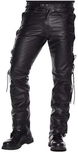 Pantalones de motociclista clásicos de cuero con cordones laterales para hombre, pantalones de motociclista de cuero de primera calidad, Negro – Piel auténtica., L