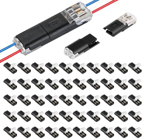 50 Pezzi Connettori Elettrici Rapidi 2 Pin, Morsetti Rapidi Senza Spelatura per Cavi 18-22 AWG, Connettori Elettrici Rapidi per Auto, LED, Giardino, Nera