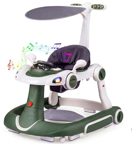 GIANTEX 7 i 1 gåstol, gåstol, höjdjusterbar med gungfunktion och hoppmatta, babywalker med ljus, musik, spelcenter, bricka, hopfällbar för baby från 6 månader (grön)