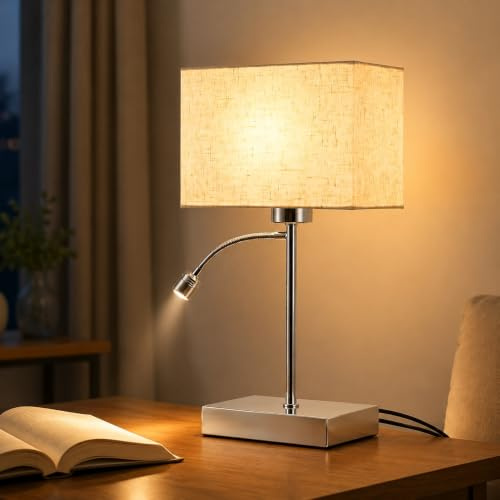 ZMH Schreibtischlampen mit Kabel E27 Tischlampe mit LED Leselampe | E27 Stoffschirm mit 360° schwenkbarem LED Licht separaten Schaltern Nachttischleuchte aus Metall für Schlafzimmer und Hotel