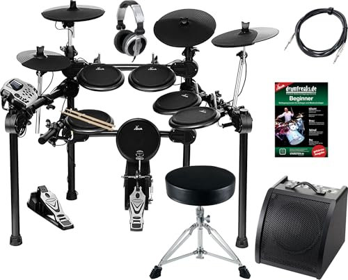 XDrum DD-520 PLUS SET 2 E-Drum Set (elektronisches Schlagzeug, mit aktiver Monitorbox inkl. Kabel, Schlagzeug-Hocker, Kopfhörer, Sticks & Fußmaschine, 458 Sounds, USB) schwarz