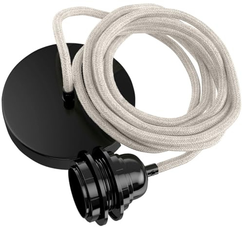 Hoopzi Hang Suspension Luminaire 1 Ampoule Câble en Lin 2,5m | Douille E27 en Bakelite, Pavillon en Acier, Compatible DCL, Chambre, Salon, Cuisine, Couleur Lin Naturel