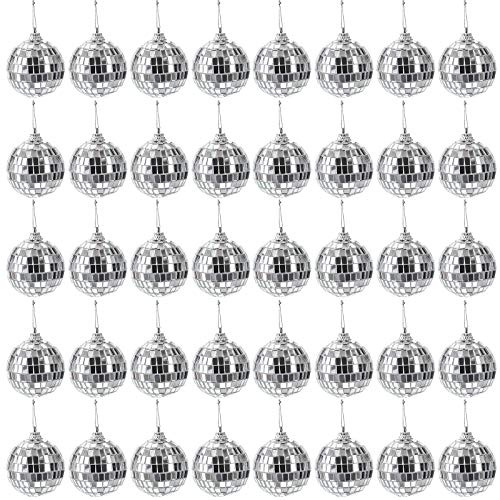 Suwimut 40 Stück Spiegel Disco Ball,5cm Silber hängende Disco Licht Spiegel Ball mit befestigter Schnur für Party Hochzeit Home Dekoration, Bühne Requisiten, Weihnachtsbaum Ornament