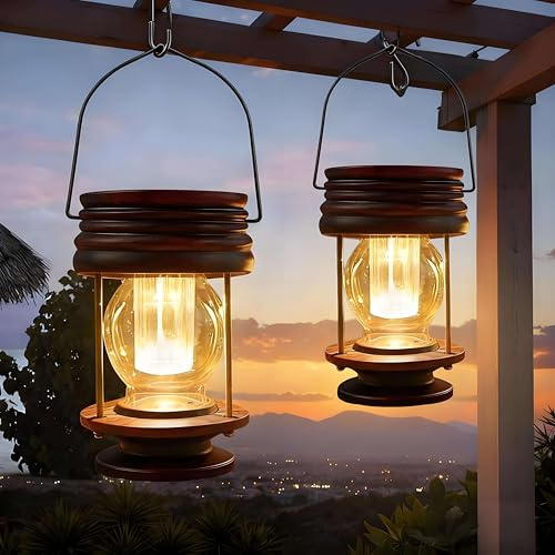 Solarlaterne für Außen Hängend 2 Stück LED Solarlampen Wasserdicht | Automatische Ein/Aus, Solarenergie Aufladung, 8 Stunden Leuchtdauer, Klein Solarlatern, Garten, Hof Außendekoration