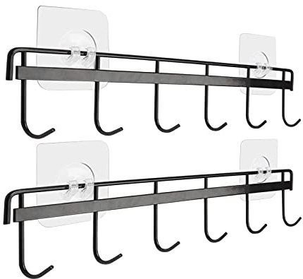 Jeowoqao Kitchen Utensil Hangers with 6 Hooks Space Saving Wall Utensils Hooks Holder No Drilling Wall Mounted Adhesive Hook Rack for Kitchen Bathroom Bedroom 2 Pack (Black)