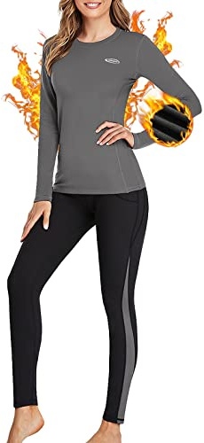 sous-Vêtement Thermique Femme, Ensemble de sous-vêtements Thermiques Femme Léger et Chaud Quick Dry Sou Vetement Manches Longues pour Hiver Sport L'entraînement Ski Running Montagne Gris M