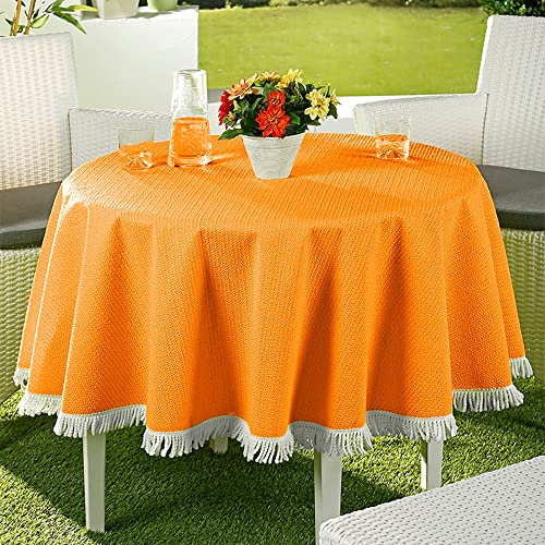 EMHELLE Gartentischdecke Garten Balkon Terrasse Tischdecke Camping Picknick Rund Oval Eckig Außen und Innenbereich Rutschhemmende Oberfläche mit weißen Fransen (130 cm Rund, Orange)